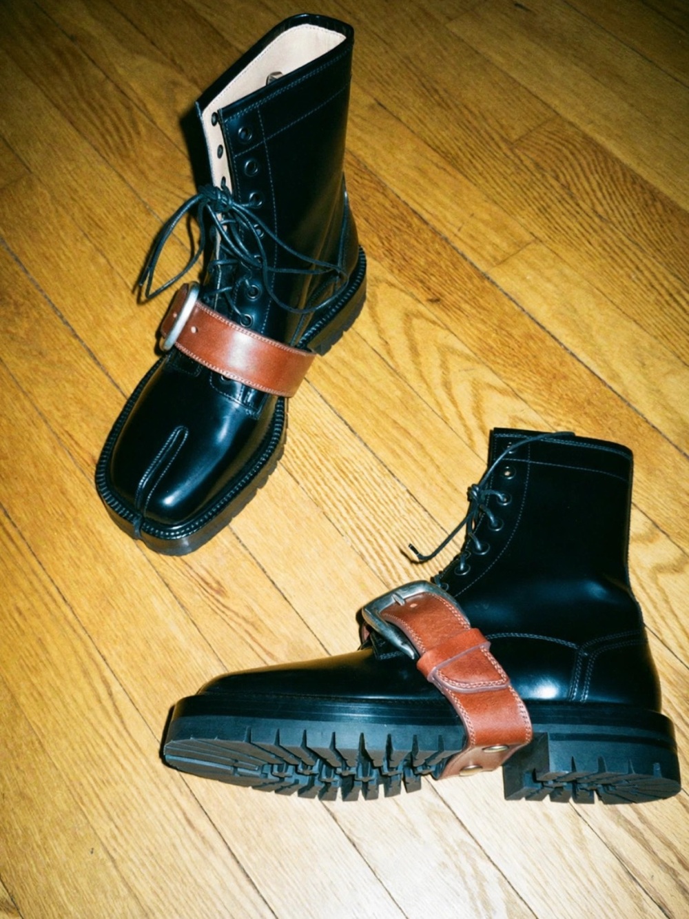 Maison Margiela Black Leather Ankle Combat Tabi Boot w Brown Buckle Strap EU40